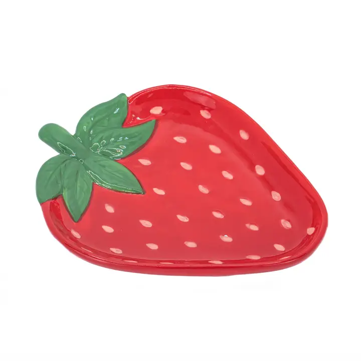 Strawberry - Trinket dish shaped and painted like a red strawberry with green leaves and white pips, shown against a white background. Gate21.ee