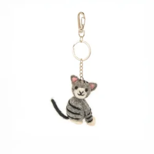 The Cat - Felt keyring features a plush grey and black striped cat with pink ears, a long black tail, and a metal clip on a keyring, displayed against a plain white background. Gate21.ee