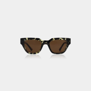 A pair of KAWS - Black/Yellow Tortoise A. Kjærbede sunglasses with square-shaped frames in a black-and-yellow tortoiseshell pattern and dark brown lenses, displayed against a plain white background. Gate21.ee