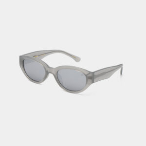 The Winnie - Glaucus Grey sunglasses feature oval-shaped, thick translucent grey frames and matching tinted lenses, by A. Kjærbede, shown on a plain white background. Gate21.ee
