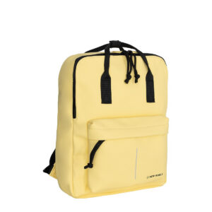 The Chicago Handle Rucksack - Butter Yellow features black zips and straps, a front zipped pocket, and a small logo near the bottom right corner. It's shown against a white background. Gate21.ee