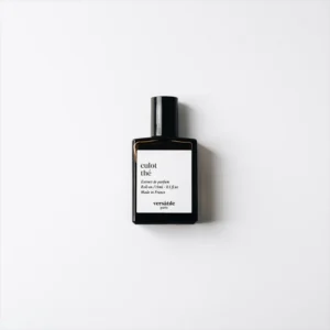 A black rectangular perfume bottle with a white label reading culot thé and versatile paris is centred on a plain white background, showcasing Culot Thé roll-on EDP—a unique unisex scent for any occasion. Gate21.ee
