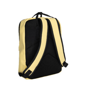 The Chicago Handle Rucksack - Butter Yellow is shown from the back, featuring padded shoulder straps, a black mesh back panel, and a top carrying handle. Gate21.ee