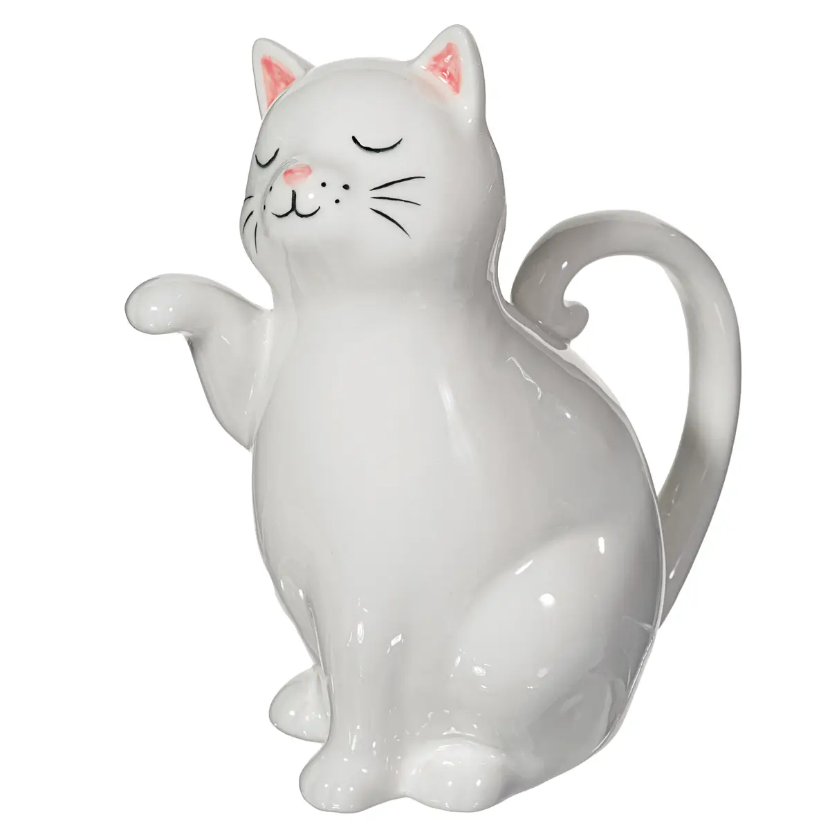 A white ceramic watering can shaped like a sitting cat with closed eyes, a raised paw, and a curved tail as the handle. Pink accents detail its nose and ears. Product name: Cat - Watering can. Gate21.ee