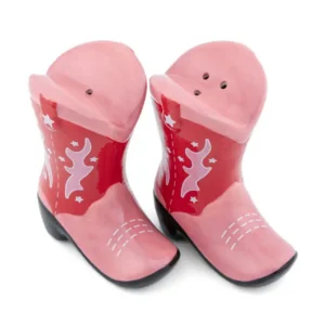 The Cowboy Boot - Salt & Pepper Shakers set features ceramic shakers shaped like pink and red cowboy boots with white accents and black soles, displayed side by side on a white background. Gate21.ee