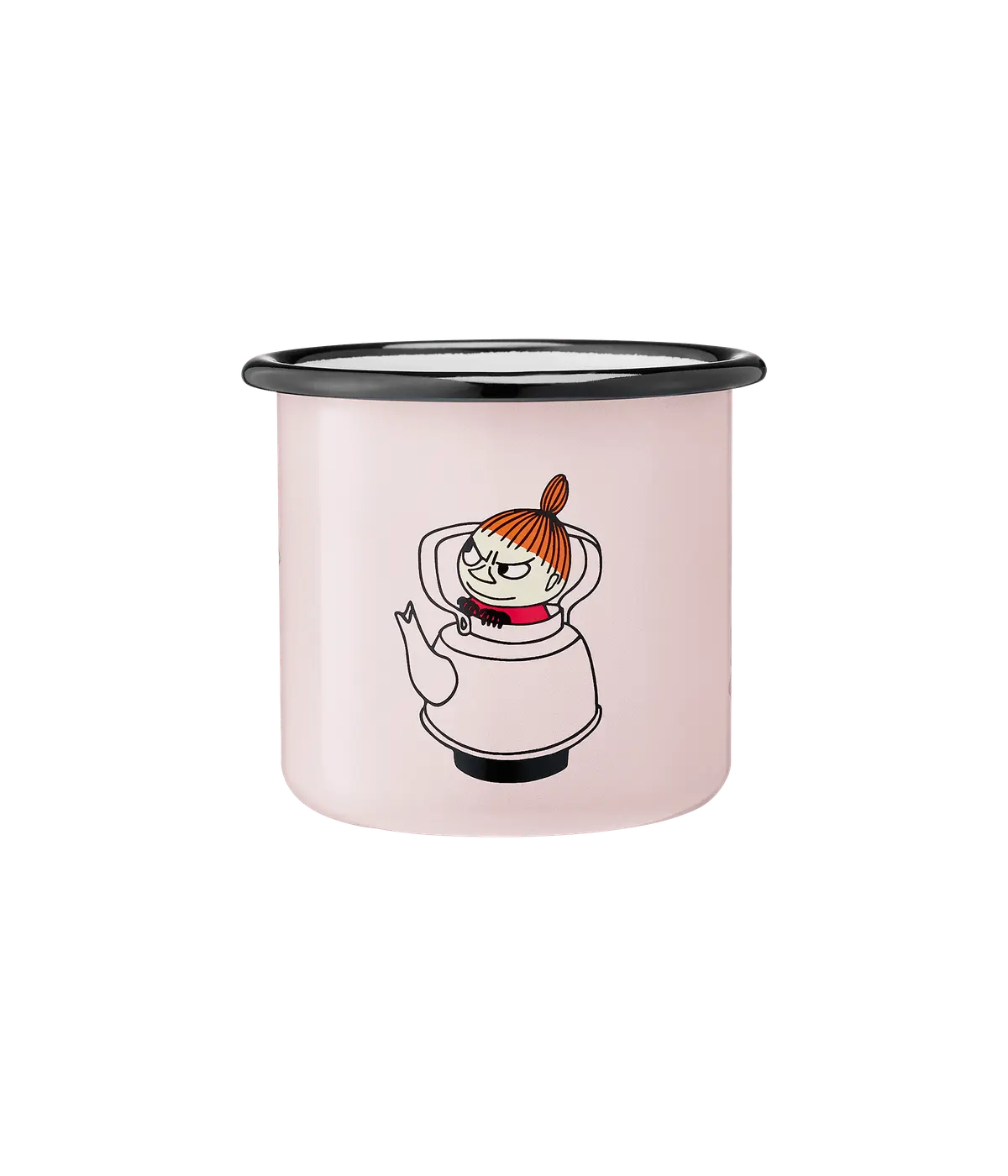 The Little MY - Moomin enamel mug 3.7dl, pink, features a cartoon character with an orange topknot in a teapot costume and has a black rim. Gate21.ee