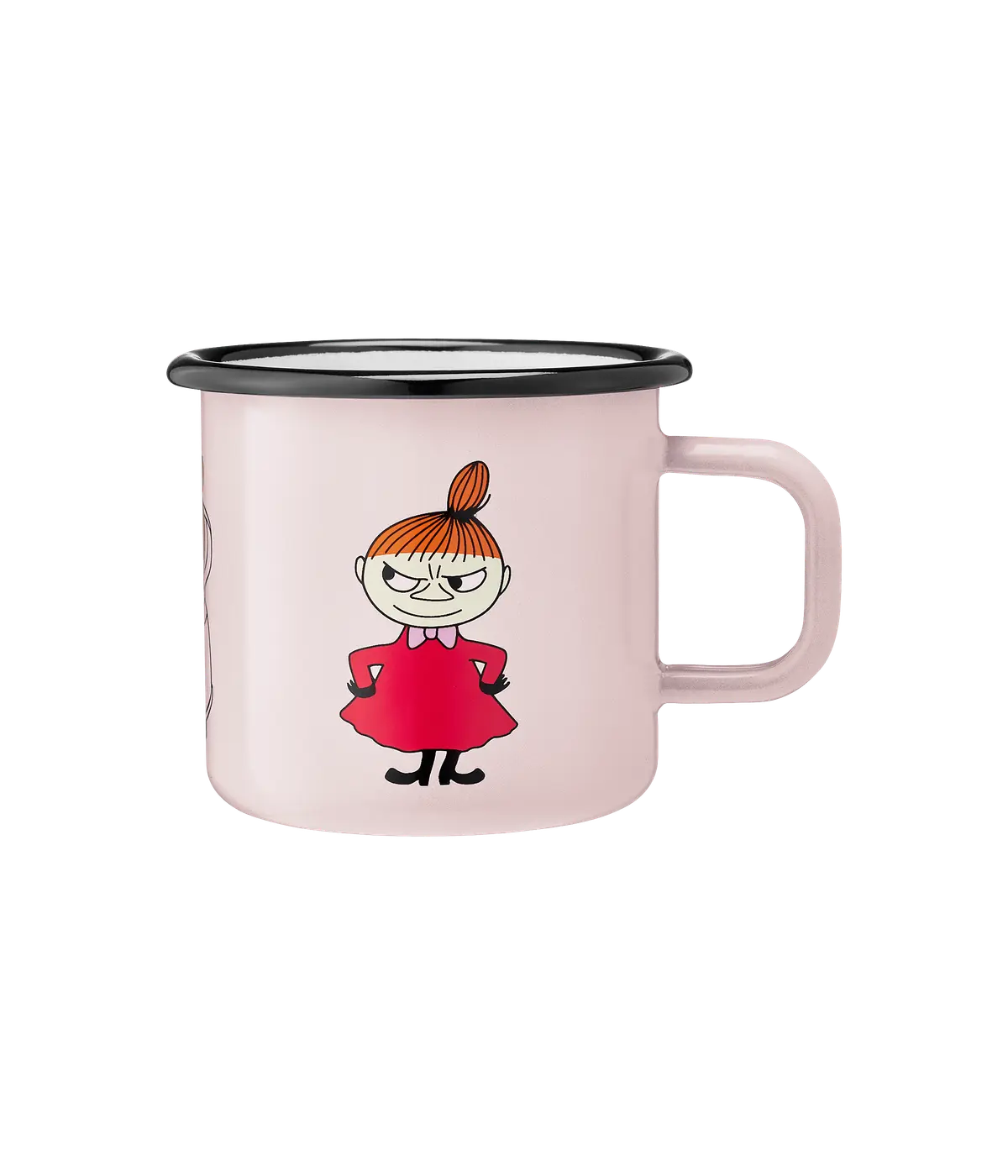 The Little MY - Moomin enamel mug 3.7dl in pink is a light pink metal mug with a black rim, featuring Little My—a character with orange hair in a bun, red dress, and black shoes—standing hands on hips with a mischievous expression. Gate21.ee