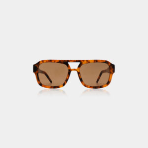 Kaya - Havana sunglasses by A. Kjærbede, featuring a rectangular tortoiseshell frame and brown tinted lenses, are displayed against a plain white background. Gate21.ee