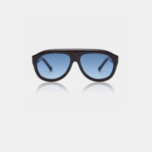Front view of the A. Kjærbede Rio - Demi Tortoise sunglasses featuring a dark tortoiseshell frame and blue gradient lenses, displayed against a plain white background with a subtle reflection beneath the frame. Gate21.ee