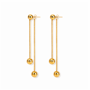 A pair of Luna Plate - BØLD Earrings in gold, featuring two slim chains on each earring ending in small gold spheres, displayed against a white background. Gate21.ee
