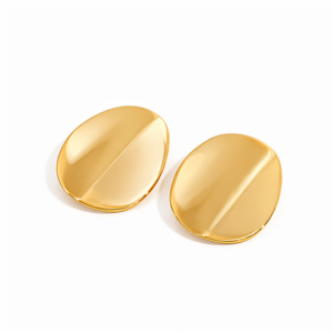 A pair of Luna Plate - BØLD Earrings in gold, featuring a flat, oval-shaped design with a smooth, shiny surface and a subtle raised line running down the centre of each earring, displayed on a white background. Gate21.ee
