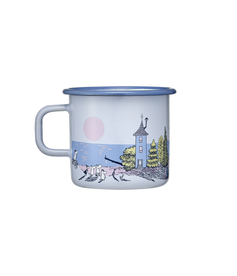 The Sunset - Moomin enamel mug 5.5dl is a light-coloured metal mug with a blue rim, featuring a cartoon scene of characters walking towards a tall tower by the water, with trees and a pink sun in the background. Gate21.ee
