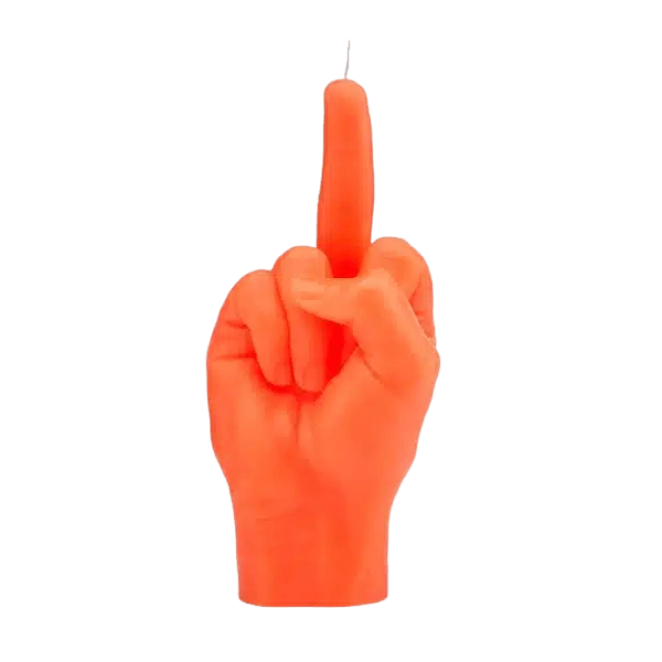 The F*ck You Candle - Neon Orange is a bold candle shaped like a realistic hand with the middle finger raised—perfect for adding attitude to your space or as a striking Tallinn gift shop find. Gate21.ee