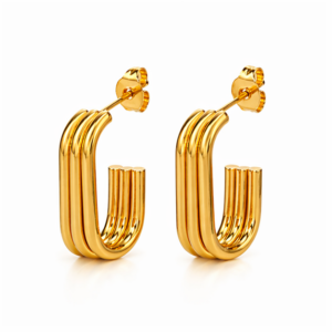 A pair of Luna Plate - BØLD Earrings in gold, each featuring a triple-bar design with three parallel, rounded bands forming a squared-off hoop shape, displayed on a plain white background. Gate21.ee