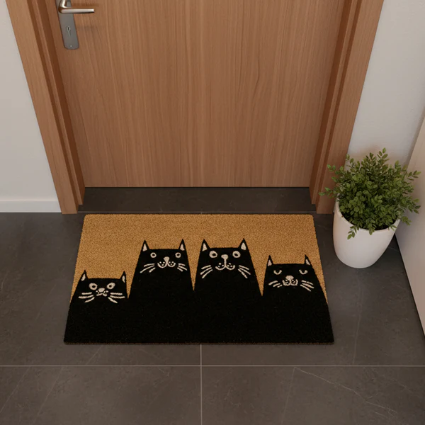 A "Crazy Cat Lady" doormat featuring four illustrated black cats sits in front of a wooden door. A potted green plant is on the right, whilst a handheld fan nearby offers quick relief from summer heat. Gate21.ee