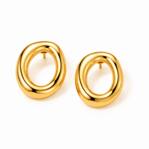 A pair of Halo - BØLD Earrings in gold are displayed against a plain white background. These oval-shaped earrings feature a smooth, rounded design with a central open space and each includes a post for fastening. Gate21.ee