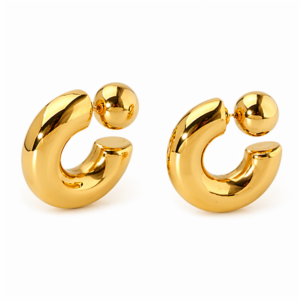 A pair of Luna Plate - BØLD Earrings in gold, featuring spherical studs with thick, open crescent shapes hanging below, displayed on a plain white background. Gate21.ee