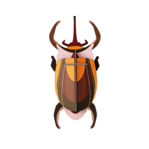 A stylised, symmetrical illustration of the StudioROOF Elephant Beetle with large horns and legs, featuring shades of brown, orange, pink, and yellow on a plain white background. Gate21.ee