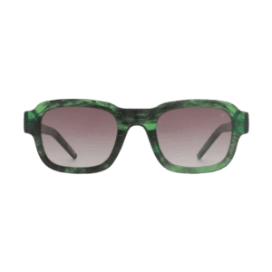 HALO - Green Marble: Rectangular A. Kjærbede sunglasses with green marbled frames and dark gradient lenses, displayed on a plain light grey background. Gate21.ee