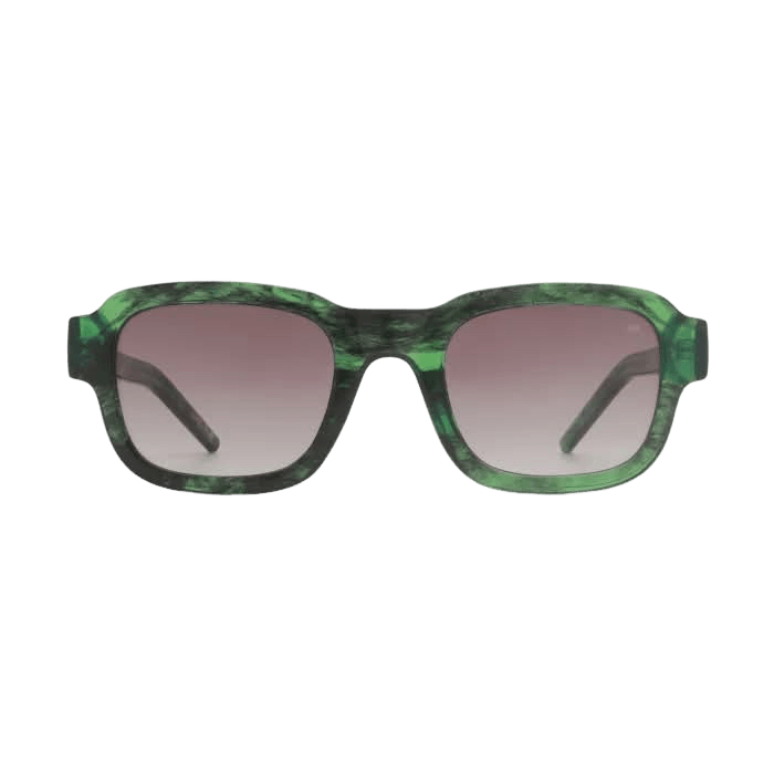 HALO - Green Marble: Rectangular A. Kjærbede sunglasses with green marbled frames and dark gradient lenses, displayed on a plain light grey background. Gate21.ee