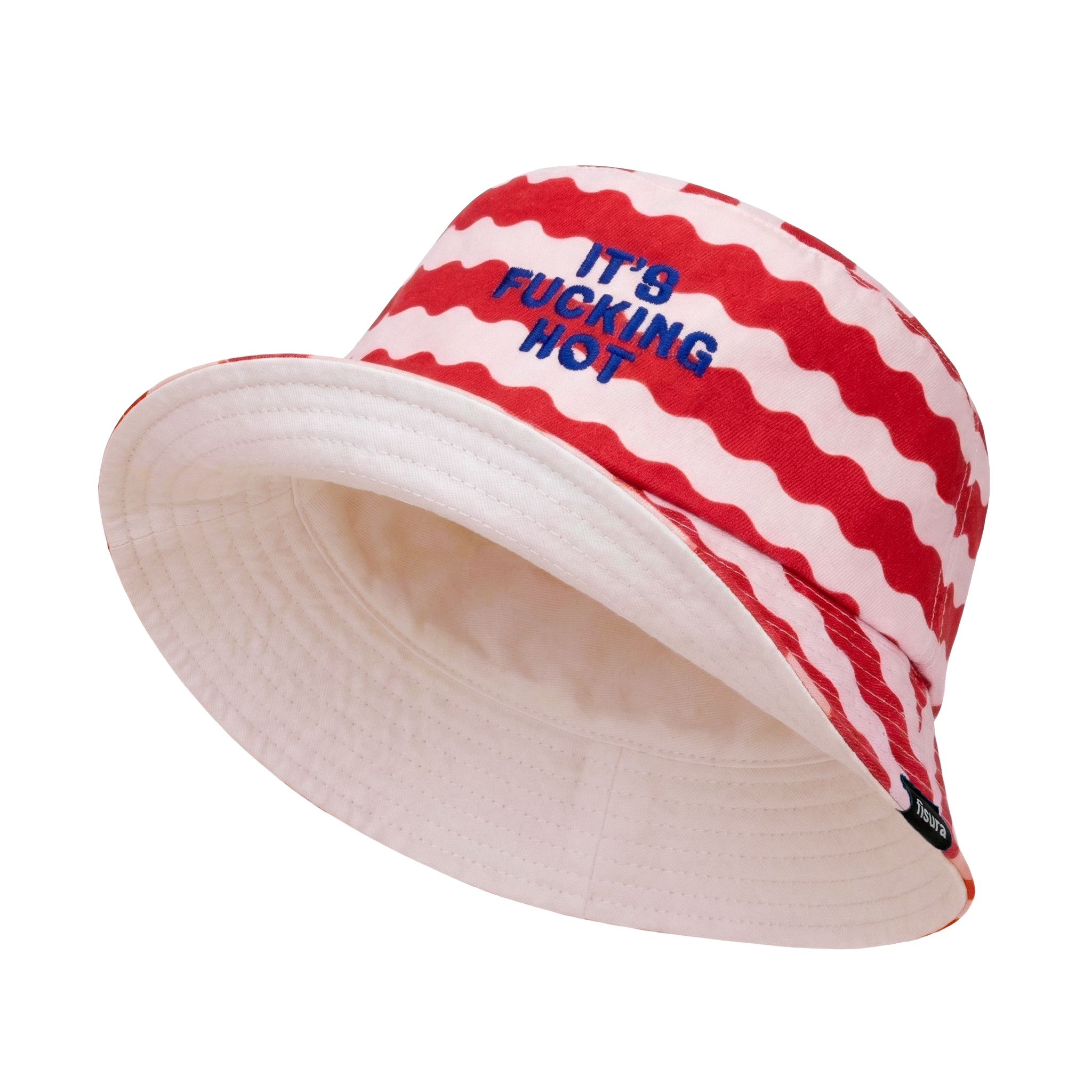 Stay cool on hot days with the Reversible Bucket Hat – "It's Fucking Hot," featuring wavy red and white stripes and bold blue embroidered front text. Gate21.ee