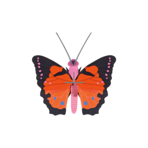 A stylised illustration of the StudioROOF Fox Butterfly, featuring black and orange wings with pink spots, a pink and purple body, and grey antennae, displayed on a white background. Gate21.ee