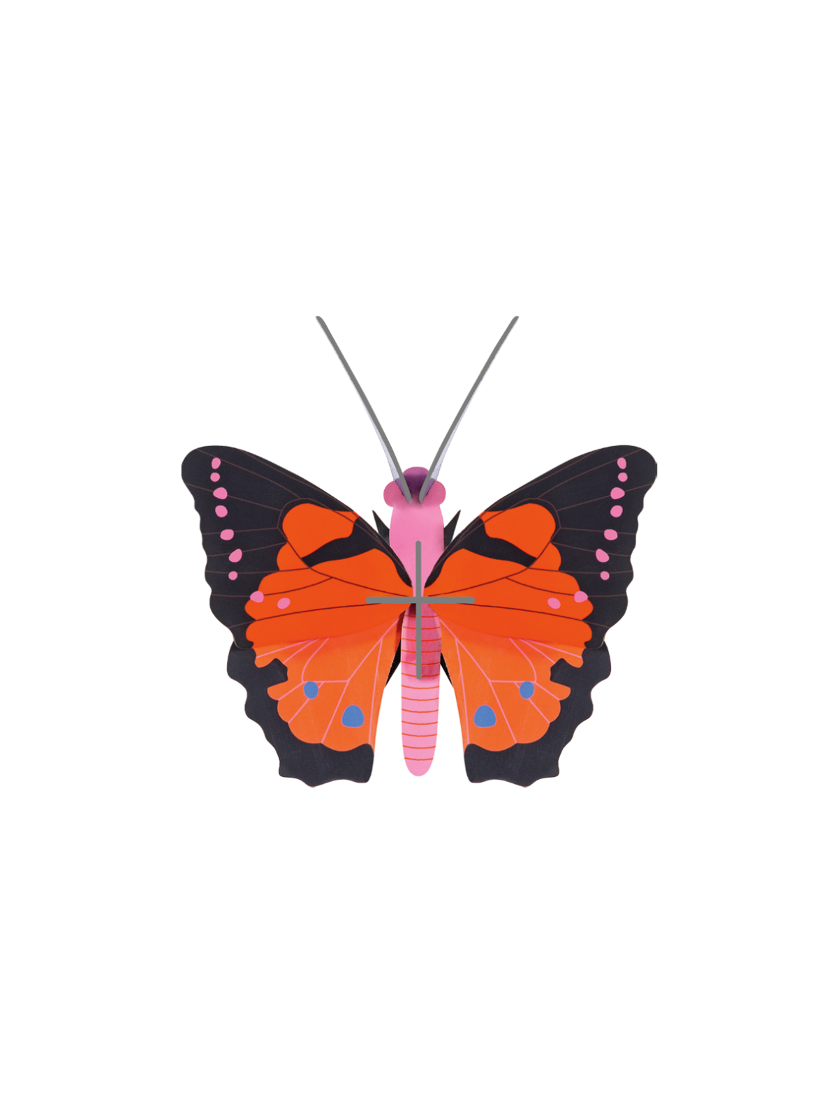 A stylised illustration of the StudioROOF Fox Butterfly, featuring black and orange wings with pink spots, a pink and purple body, and grey antennae, displayed on a white background. Gate21.ee