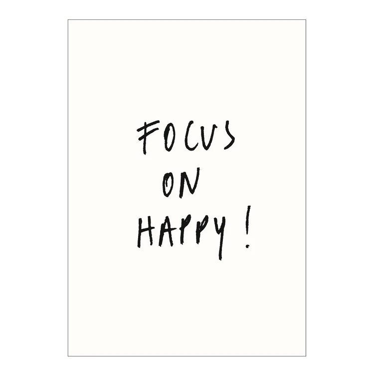 Set against a white background, the FOCUS ON HAPPY Postcard by Helen B features the handwritten phrase “FOCUS ON HAPPY!” in black marker, centred on the page. This minimalist postcard includes no additional images or decorations. Gate21.ee