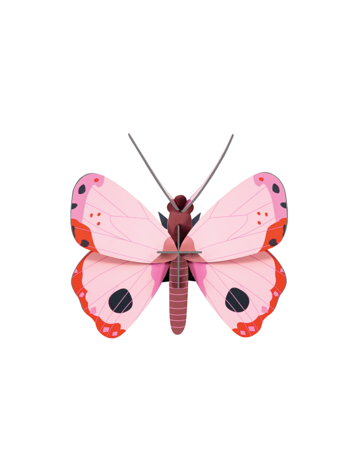 A Rosora Butterfly by StudioROOF, featuring pink wings with red and black accents and a brown body, is displayed against a plain white background. Gate21.ee