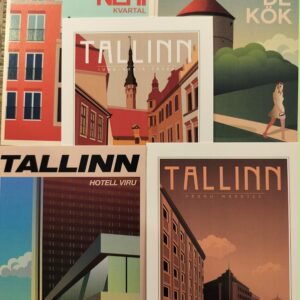 The Vanalinn Postcards - K&Otilde;IK set features five illustrated cards, each showcasing different Tallinn landmarks and buildings in a retro style with bold, colourful text naming places like Tallinn and Hotel Viru. Gate21.ee