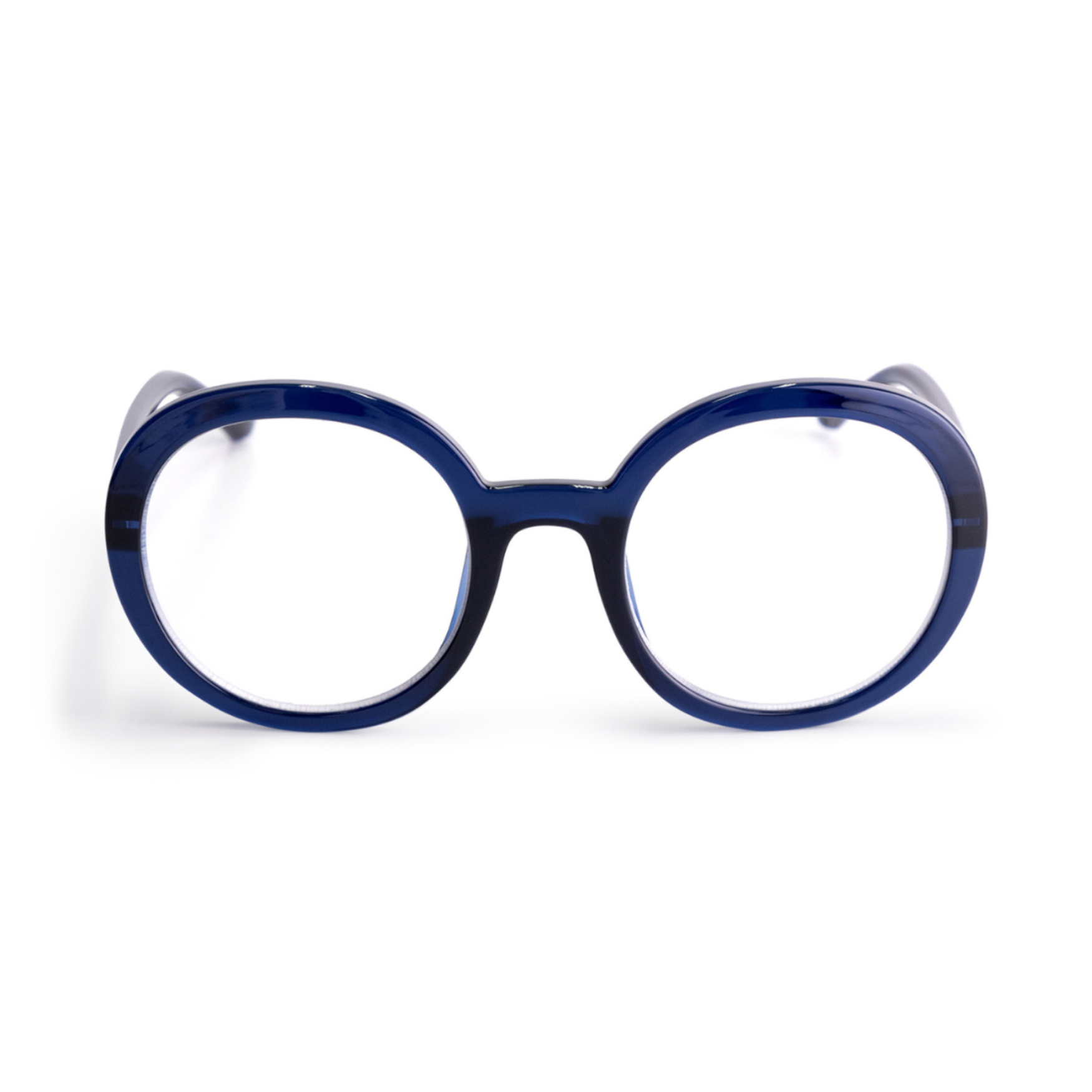 The JANE - Blue Marine reading glasses feature large, round lenses and thick, dark blue frames, shown front-facing against a white background. Gate21.ee