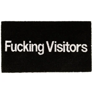 Welcome your guests with a touch of humour using the Doormat – “Fucking Visitors,” featuring bold white text on a black background—pair it with a handheld fan to keep your entrance cool and inviting during hot summer days. Gate21.ee