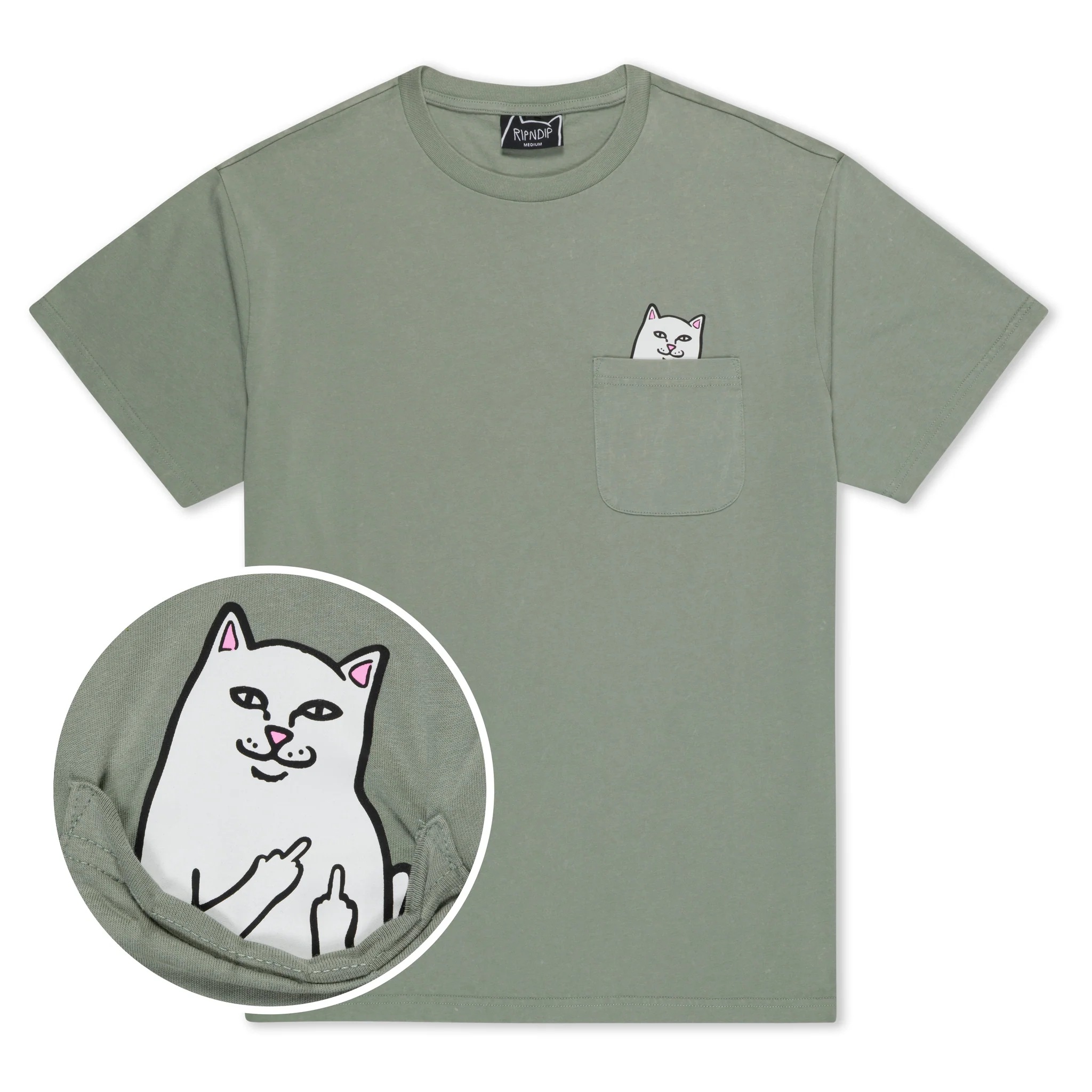 Lord Nermal Pocket Tee - Sage Vintage Wash: A sage green t-shirt featuring the signature Lord Nermal cat graphic peeking from the chest pocket. Lift the pocket to reveal Lord Nermal flashing two middle fingers—a cheeky, classic RIPNDIP detail inspired by the iconic Nerma Lisa tee. Gate21.ee