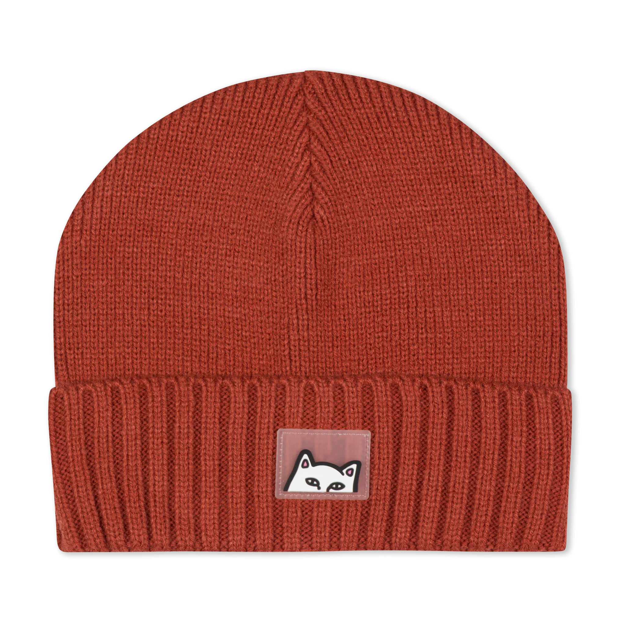 A burnt orange Peeking beanie laid flat against a white background. The knitted beanie features a folded brim with a patch displaying a simple black-and-white illustration of a fox’s face. Gate21.ee