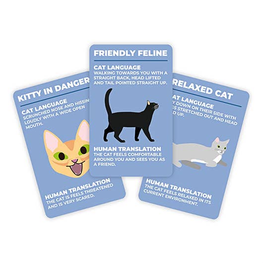 Three illustrated cards from How to Speak Cat - Trivia Card Game—Kitty in Danger, Friendly Feline, and Relaxed Cat—explain cat body language with postures and human translations, styled like retro trivia cards. Gate21.ee