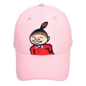 The Little My Happy Kids Cap is a pink baseball cap featuring an embroidered Little My cartoon character with her signature topknot, red jumper, and bow at the collar, smiling with closed eyes&mdash;perfect for fans and collectors of Moomin keyrings. Gate21.ee