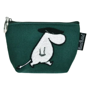 Introducing the Moomin Coin Purse - Troll Green: a green fabric pouch with a metal zip and keyring, featuring an embroidered white Moomin character wearing a black hat&mdash;ideal for fans of Moomin keyrings. A black label with white text is attached to the side. Gate21.ee