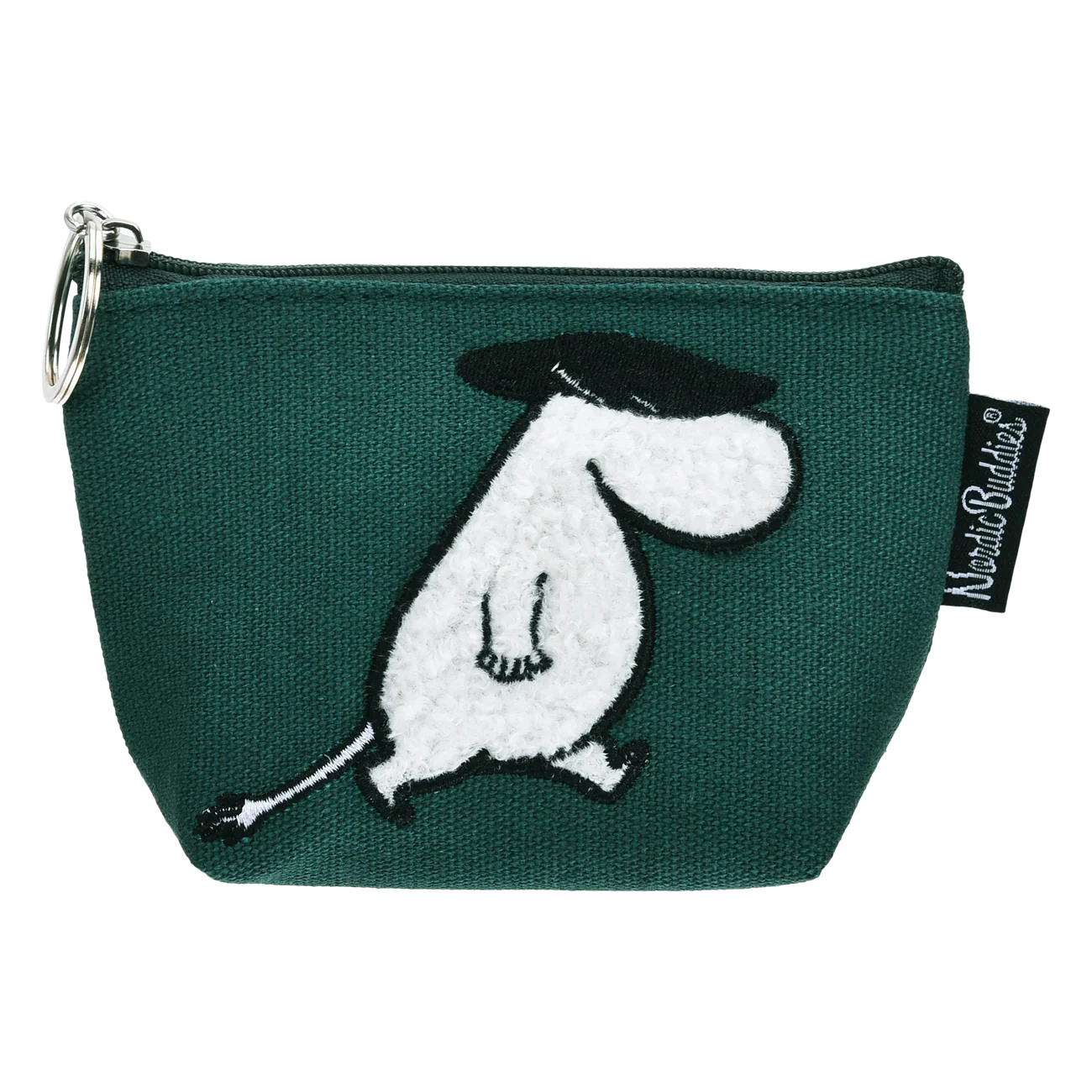 Introducing the Moomin Coin Purse - Troll Green: a green fabric pouch with a metal zip and keyring, featuring an embroidered white Moomin character wearing a black hat—ideal for fans of Moomin keyrings. A black label with white text is attached to the side. Gate21.ee