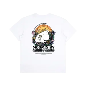 The Moomin Heavy Ts - Meadow is a white T-shirt featuring a Moomin character and a friend among colourful plants beneath a radiant sunset, with “MOOMIN BY NORDICBUDDIES HAPPINESS IS IN ANTICIPATION” printed below the image. Perfect for fans of Moomin T-shirts who appreciate vibrant, joyful designs. Gate21.ee