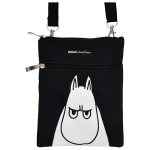 The Moomin Neck Bag - Troll Black is a black and white crossbody bag featuring a drawing of a Moomin Nordic Buddies character with pointed ears and an angry expression. It has two zipped compartments and black straps with metal clasps. Gate21.ee