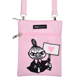 The Moomin Neck Bag - Little My Heart is a small pink shoulder bag from the Moomin Nordic Buddies collection, featuring a cartoon character holding a sign with a pink heart. It has a zip fastening, an adjustable strap, and a label reading &ldquo;MOOMIN.&rdquo;. Gate21.ee