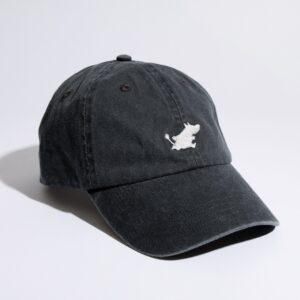 The Moomin Cap - Black features a white embroidered cartoon dog on the front and is showcased against a clean white background—an upbeat accessory that complements Moomin keyrings for an extra bit of whimsical charm. Gate21.ee