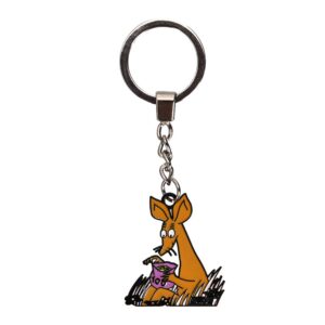 Presenting the Moomin Keyring - Sniff: This keyring features a metal ring and chain and showcases a colourful cartoon orange kangaroo, outlined in black, sitting on grass with a small purple creature in its pouch. Reminiscent of playful Moomin keyring designs, it adds a charming touch to your collection. Gate21.ee