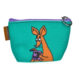 A small teal Moomin Coin Purse featuring Sniff holding a purple item, perfect for carrying keyrings or other small treasures. The pouch has a purple zip with a metal ring and a brown fabric tag on the side, and is set against a white background. Gate21.ee