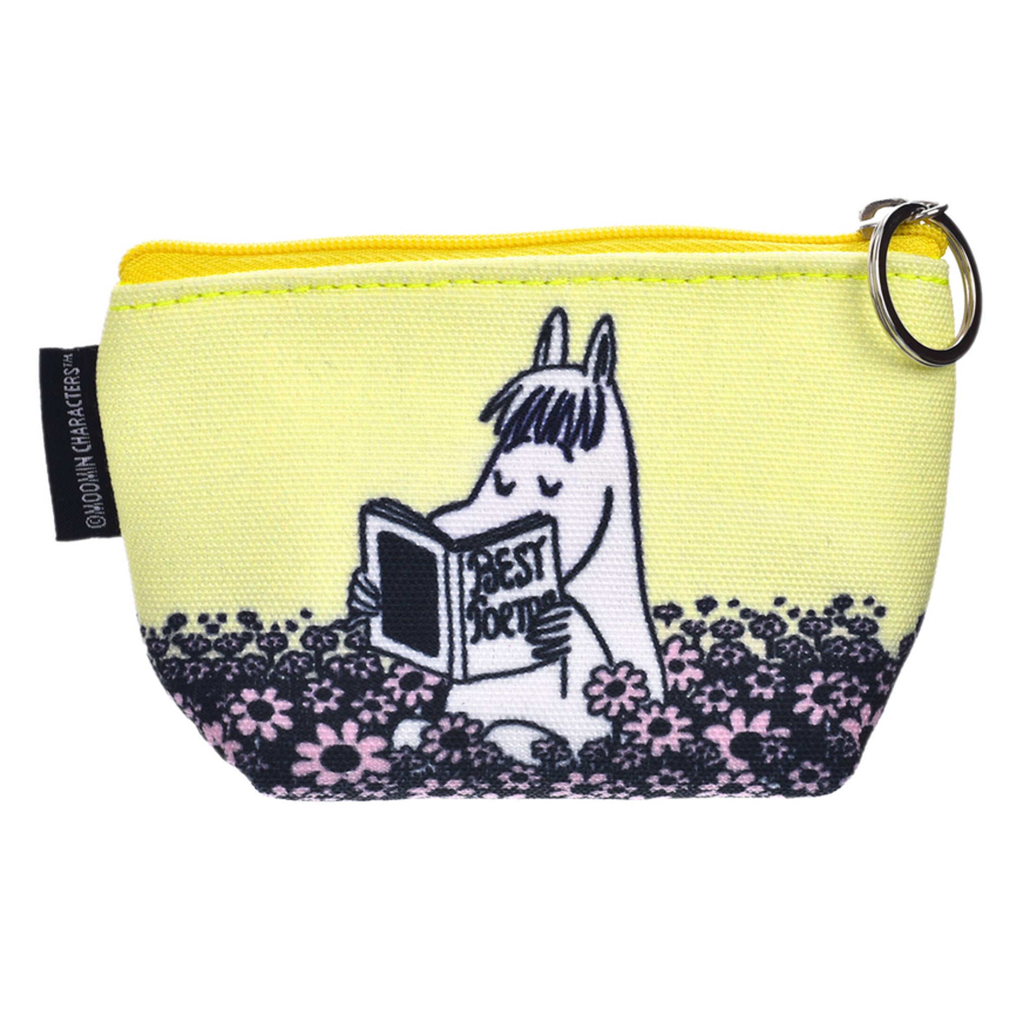 A small yellow zippered pouch with a key ring, the Moomin Coin Purse - Snorkmaiden features Snorkmaiden sitting among pink flowers and reading a book titled BEST BOOK—perfect for pairing with your favourite Moomin keyrings. Gate21.ee