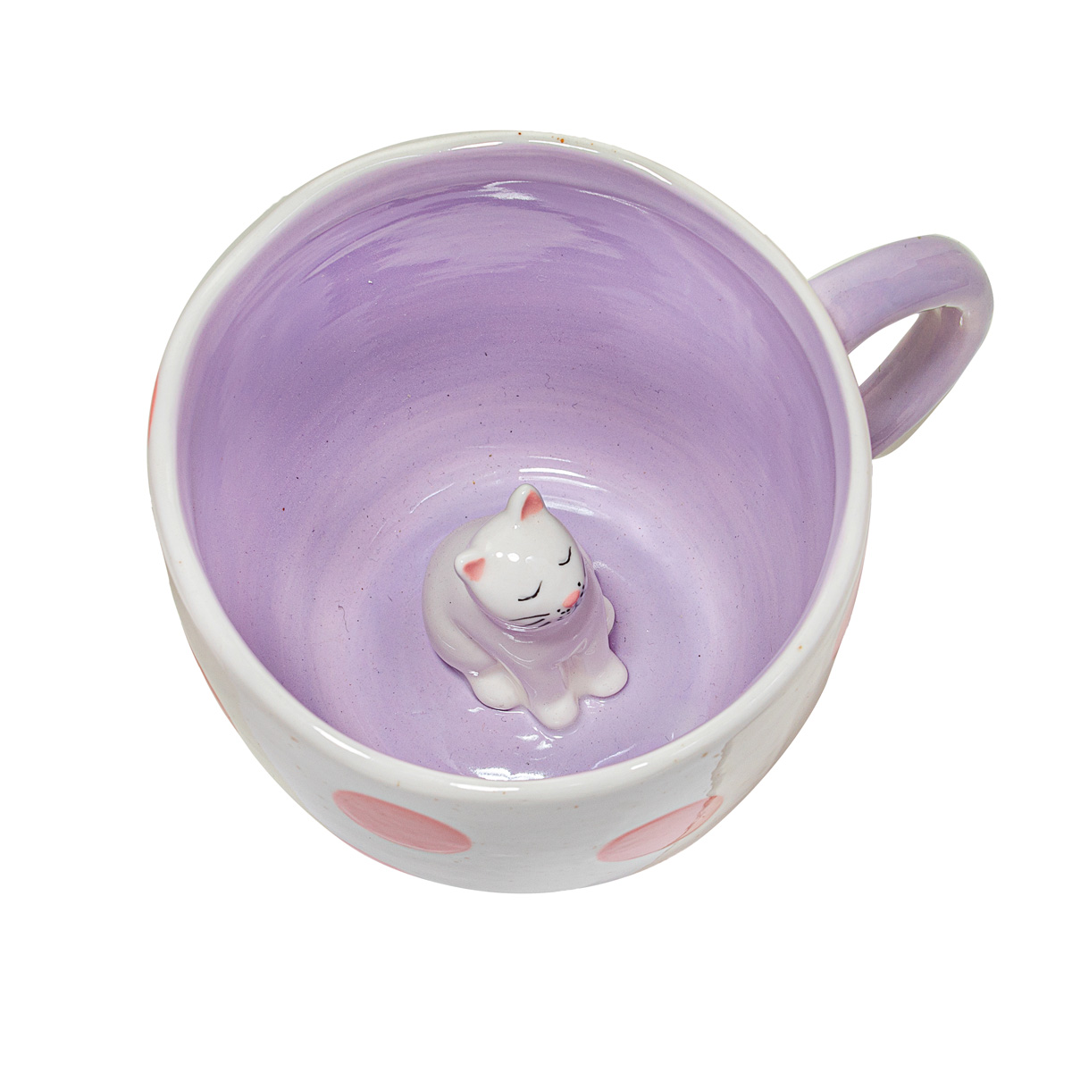 Introducing the Surprise Cat - Cup: a white ceramic mug with a lavender interior and pink polka dots, featuring a charming little white ceramic cat figurine hidden at the bottom—ready to delight you with a surprise each time you finish your drink. Gate21.ee