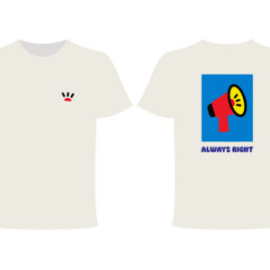 Two white Always Right - PROJECTION Ts: the front displays a small red and black minimalist design on the left chest, whilst the back features a striking megaphone graphic with &ldquo;ALWAYS RIGHT&rdquo; in purple text set against a blue rectangular background. Gate21.ee