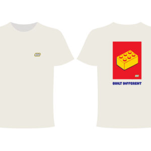 Introducing the Built Different - PROJECTION Ts: a white T-shirt featuring a small EGO logo on the chest. The back displays a yellow toy brick set against a red background, &ldquo;EGO&rdquo; underneath, and &ldquo;BUILT DIFFERENT&rdquo; in bold blue text at the bottom&mdash;a standout piece from our Projection Ts collection. Gate21.ee