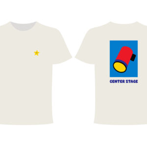 Two white T-shirts from the Centre Stage - PROJECTION Ts collection, featuring a small yellow star on the left chest and a large red spotlight graphic on blue with &ldquo;CENTRE STAGE&rdquo; in purple capital letters on the back. Gate21.ee