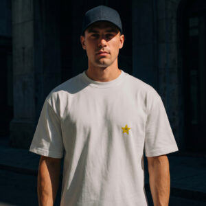 A man wearing the Centre Stage - PROJECTION T-shirt, featuring a small yellow star on the chest, and a dark cap stands outside in partial shadow in front of a stone building with arched windows. Gate21.ee